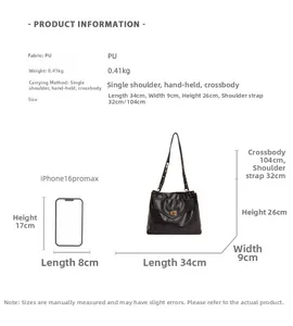Size guide for PU leather tote bag with dimensions and iPhone 16 Pro Max comparison