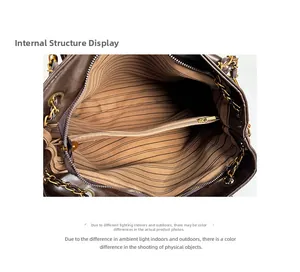 Internal view of dark brown tote bag with striped lining and central zipper divider