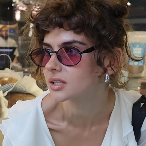 Retro oval sunglasses with black frames and gradient purple lenses worn by a model