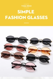 Matrix display of vintage oval sunglasses in seven colors with sleek metal frames