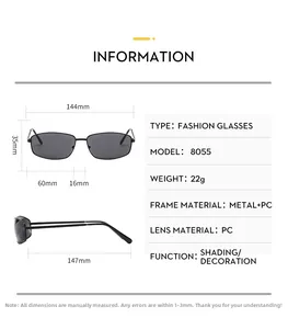 Detailed size chart for retro narrow frame metal sunglasses with full measurements