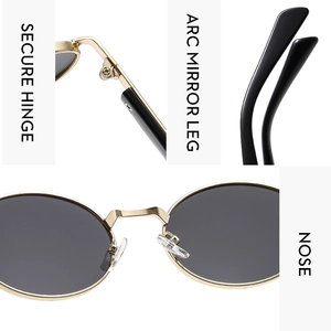 Detail view of oval metal sunglasses showing secure hinge and arc mirror legs
