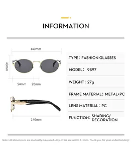 Detailed size chart for vintage oval metal sunglasses with precise dimensions in mm
