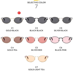 Detailed grid of vintage oval sunglasses in 7 colors with engraved metal temples
