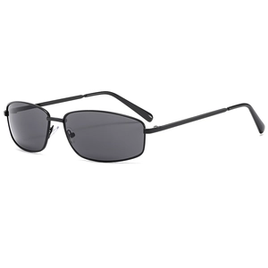 Modern rectangular black metal sunglasses with slim frames on a white background