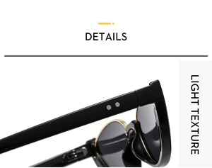 Macro detail of cat-eye sunglasses featuring metal rivets and gold trim on black frames