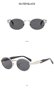 Detail view of retro oval silver metal sunglasses with dark lenses from front and side angles