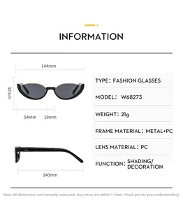 Detailed size specifications for cat-eye semi-rimless sunglasses showing dimensions and weight