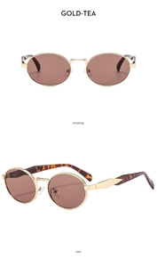 Detail of vintage oval metal sunglasses in gold-tea color showing front and side views