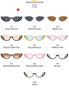 Detailed catalog showing 10 trendy cat-eye sunglasses with various colorful frames and lenses