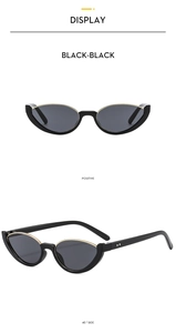 Front and 45-degree side views of black cat-eye sunglasses with gold trim accents