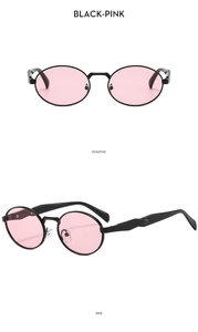 Front and side views of vintage oval sunglasses with black metal frames and pink lenses