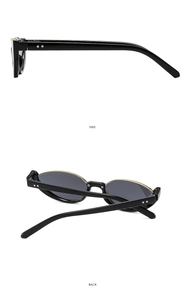 Detail view of cat eye sunglasses with golden metal trim and dark lenses shown in two angles