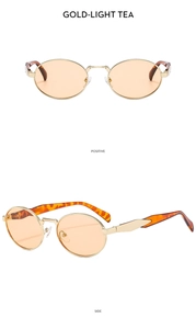 Detailed front and side views of oval metal sunglasses with amber tortoise temples
