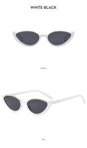 Front and side view of white cat-eye sunglasses with gold metal trim and black lenses
