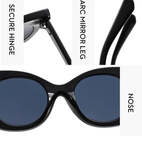 Close-up of secure hinges, arc mirror legs, and nose pads of black fashion sunglasses