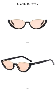 Detailed front and side view of cat-eye sunglasses in black and gold with light tea lenses