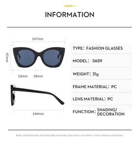 Size chart for model 5659 cat eye sunglasses showing 147mm width and PC frame specs