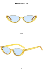 Detail of yellow cat eye half-frame sunglasses with blue lenses from multiple angles