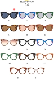 Selective color chart showing 14 vintage cat-eye sunglasses and fashion glasses frames