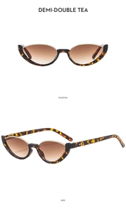 Detail view of tortoiseshell cat-eye sunglasses with brown gradient lenses from two angles