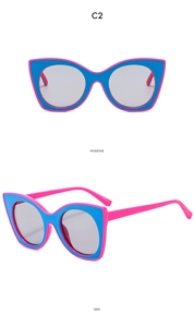Detailed front and side views of cat eye sunglasses with pink and blue color-blocking