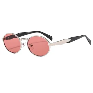 Retro oval metal sunglasses with pink lenses and silver frames for men and women