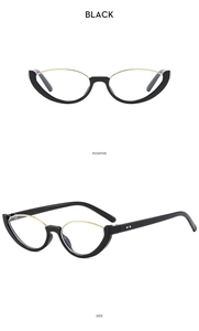 Front and side views of black cat-eye sunglasses with gold metal accents on the frame