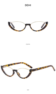 Detailed front and side views of demi cat-eye sunglasses with golden metal top bar