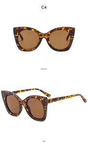 Detailed front and side views of tortoiseshell cat-eye sunglasses with brown lenses