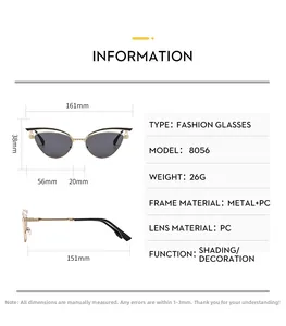 Detaillierte Größentabelle für Cat-Eye-Sonnenbrillen mit Maßen für Metallrahmen und Gewicht