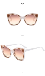 Detailed front and side views of white cat-eye sunglasses with tortoiseshell accents