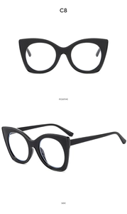 Front and side 45-degree views of retro black cat-eye glasses frame with thick temples