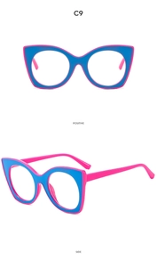Front and side view of cat eye sunglasses frames in bold pink and sky blue colors