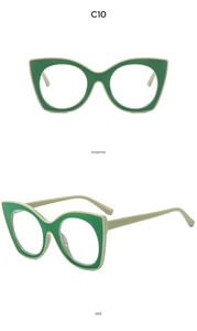 Cat eye glasses frame in green bicolor design showing front and side views