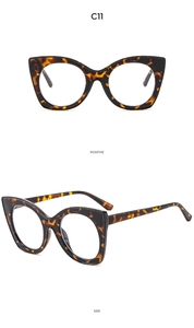 Detail of tortoise shell cat-eye frame glasses showing side and front view angles