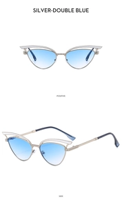 Details von Metall-Cateye-Sonnenbrille mit blauem Verlaufsglas und silbernem Rahmen