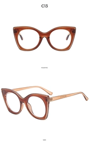 Detailed views of amber cat-eye glasses frames showing front and side profile specs