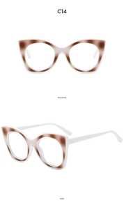 Detail view of cat eye glasses frame in white and brown leopard pattern, front and side view