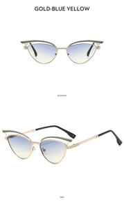 Detaillierte Vorder- und Seitenansicht der goldenen Cat-Eye-Sonnenbrille mit blau-gelbem Verlauf