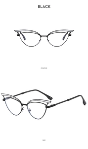 Vorder- und Seitenansicht der schwarzen Cat-Eye-Sonnenbrille mit doppelter Rahmenlinie