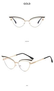 Vorder- und Seitenansicht der goldenen Cat-Eye-Sonnenbrille aus Metall mit schwarzen Akzenten