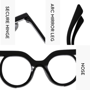 Detail view of black frame eyewear showing secure hinge, arc mirror leg and integrated nose pad