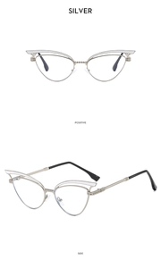 Detaillierte Front- und Seitenansicht der silbernen Cat-Eye Metall-Sonnenbrille