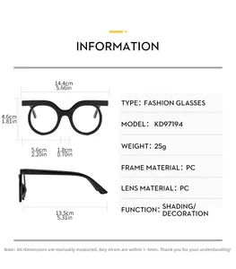 Detailed dimension guide for round owl-style anti-blue light glasses frame