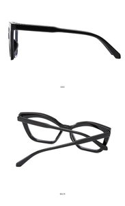 Detaillierte Seiten- und Rückansicht der modischen schwarzen Cat-Eye Blaulichtfilterbrille