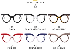 Macro display of six colorful retro round glasses frames with distinctive flat top bars