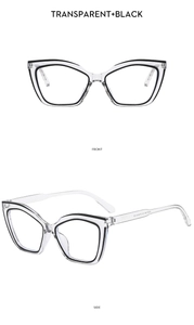 Vorder- und Seitenansicht der Katzenaugen-Blaulichtbrille mit transparentem schwarzem Rahmen
