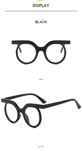 Front and 45-degree side view of black geometric owl-style round bottom eyeglass frames