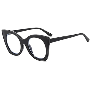 Chic black oversized cat-eye glasses frame with clear lenses in a 45-degree angle view